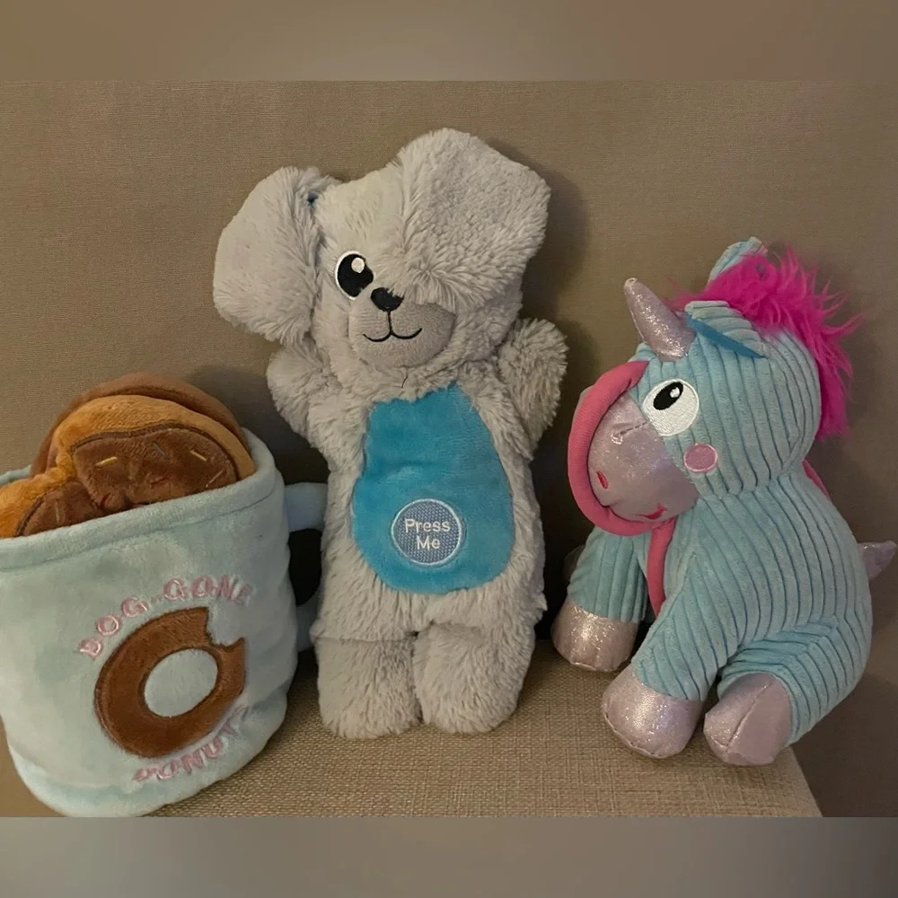 Lot of 3 Pink and Aqua Blue Plush Dog Toys